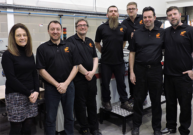 Frip Finishing experiences growth after southern relocation Martin Dalziel (BPIF Training), Matthew Crawford, Anthony Pallett, Jordan Rhodes, John Foxon (Apprentices 2016), Leslie Gibson (MD), Steve Power (BPIF Training)